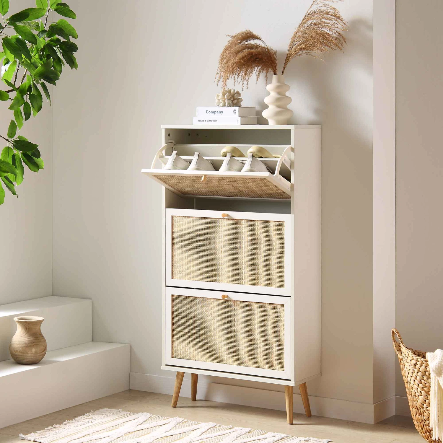 Frances Rattan 3 Tier Shoe Storage Cabinet, White 3 Frances Rattan 3 Tier Shoe Storage Cabinet, White - Image 3
