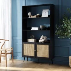 Frances Woven Rattan Bookcase With Doors, Black