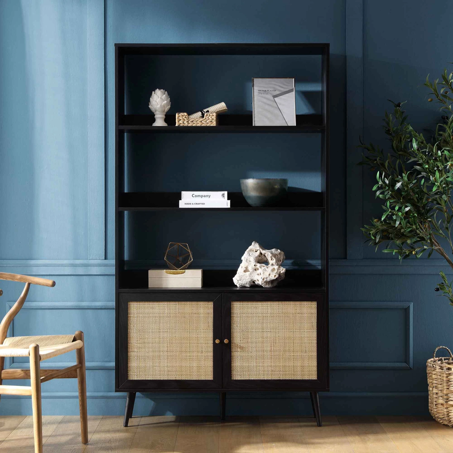 Frances Woven Rattan Bookcase With Doors, Black 2 Frances Woven Rattan Bookcase With Doors, Black - Image 2