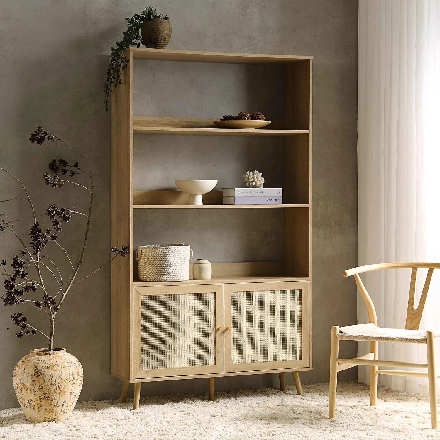 Frances Woven Rattan Tall Bookcase With Doors, Natural 1 Frances Woven Rattan Tall Bookcase With Doors, Natural