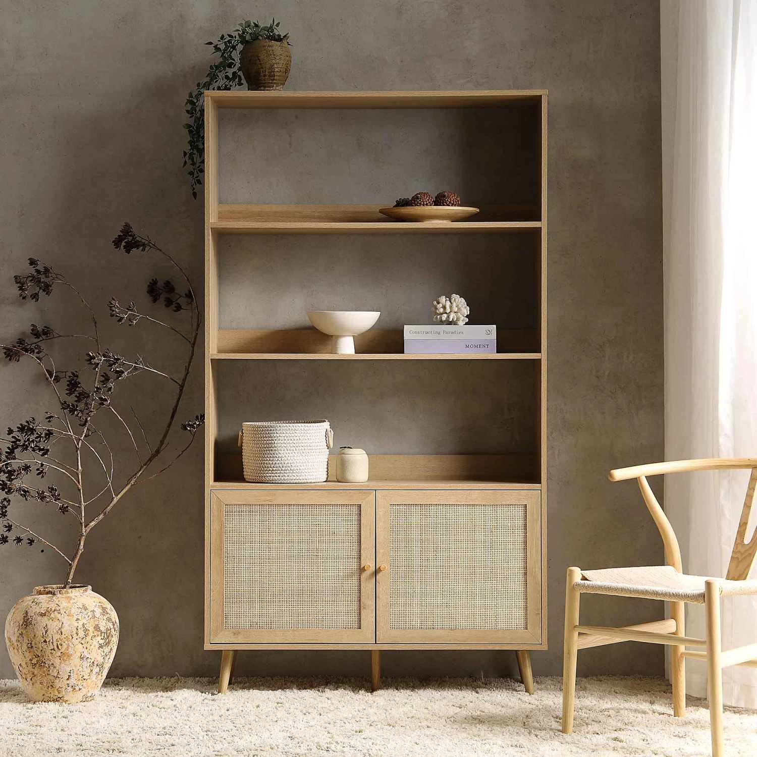 Frances Woven Rattan Tall Bookcase With Doors, Natural 2 Frances Woven Rattan Tall Bookcase With Doors, Natural - Image 2