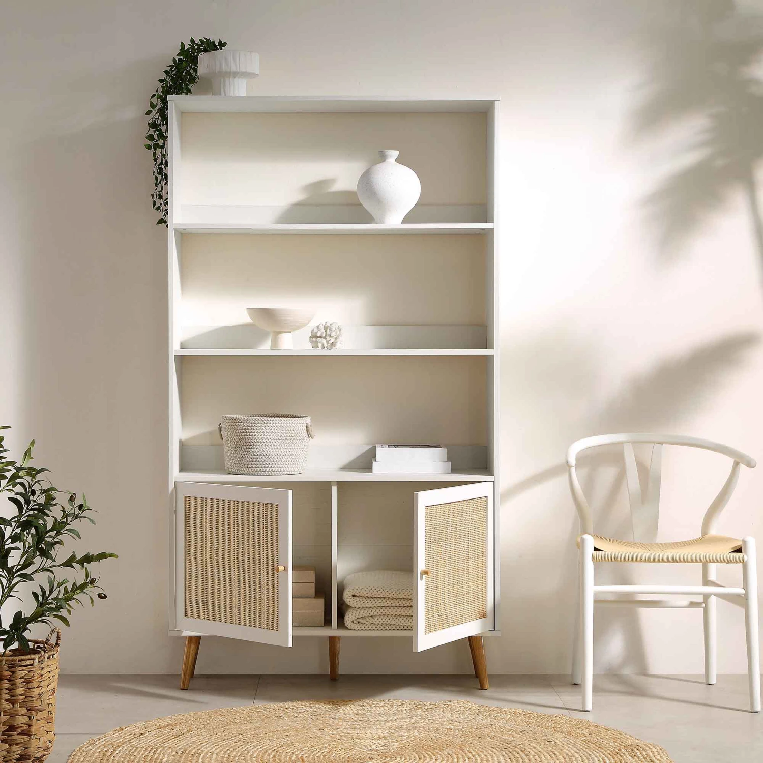 Frances Woven Rattan Bookcase With Doors, White 2 Frances Woven Rattan Bookcase With Doors, White - Image 2