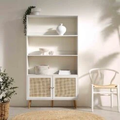 Frances Woven Rattan Bookcase With Doors, White 15 Frances Woven Rattan Bookcase With Doors, White -Daals Store FT SHELF 01 WHITE scene2