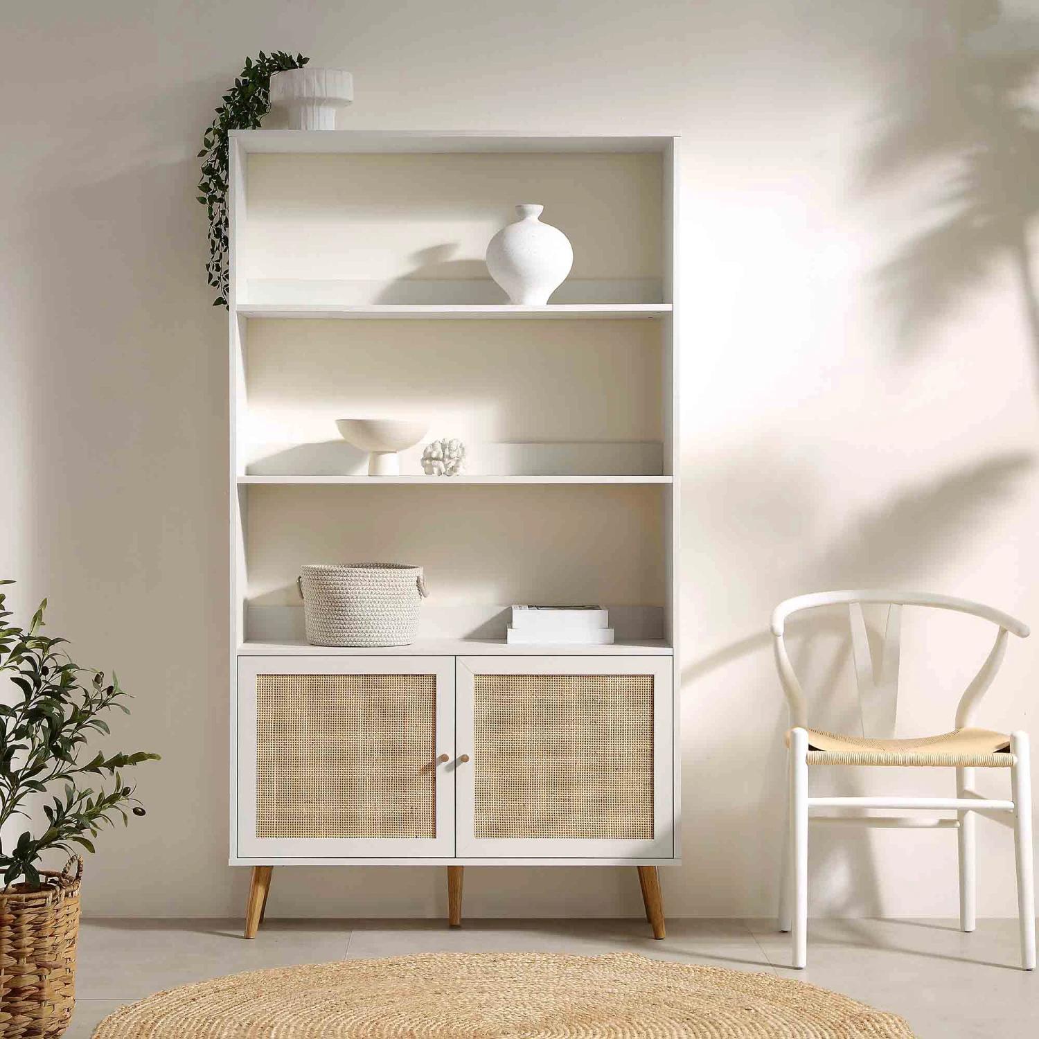 Frances Woven Rattan Bookcase With Doors, White 3 Frances Woven Rattan Bookcase With Doors, White - Image 3