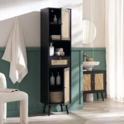 Frances Woven Rattan Tallboy Bathroom Unit, Black -Daals Store FT TALLB 01 BLACK scene2