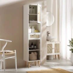 Frances Woven Rattan Tallboy Bathroom Unit, White -Daals Store FT TALLB 01 WHITE scene2