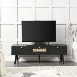 Anya Woven Rattan 3-Drawer TV Unit In Black