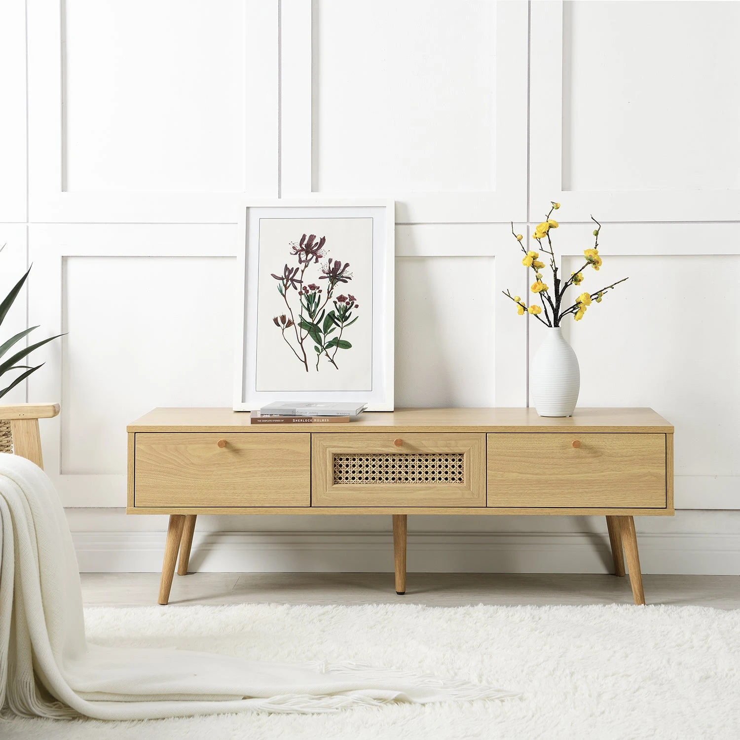 Anya Woven Rattan 3-Drawer TV Unit In Natural 1 Anya Woven Rattan 3-Drawer TV Unit In Natural