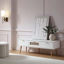 Anya Woven Rattan 3-Drawer TV Unit In White