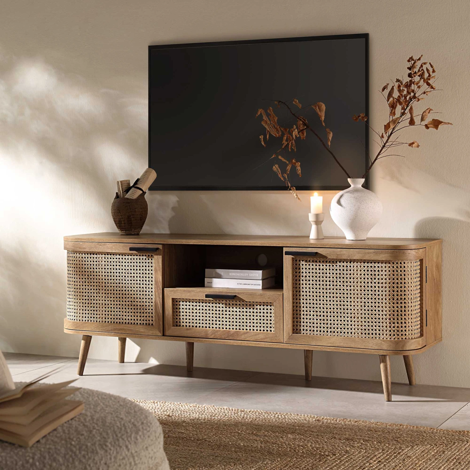 Izzy Curved Rattan 150cm TV Unit, Natural 2 Izzy Curved Rattan 150cm TV Unit, Natural - Image 2