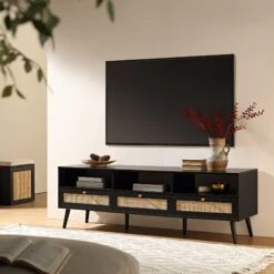 Frances Woven Rattan 160cm 3-Drawer TV Unit, Black -Daals Store FT TV 05 BLACK scene1