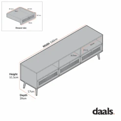 Frances Woven Rattan 160cm 3-Drawer TV Unit, Black -Daals Store FT TV 05 CHART 3
