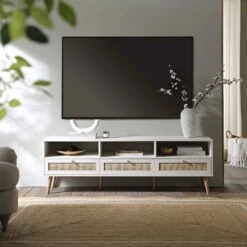 Frances 160cm Woven Rattan 3-Drawer TV Unit in Washed White – Scandi Style Media Console -Daals Store FT TV 05 WHITE scene1