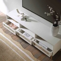 Frances 160cm Woven Rattan 3-Drawer TV Unit in Washed White – Scandi Style Media Console -Daals Store FT TV 05 WHITE scene2