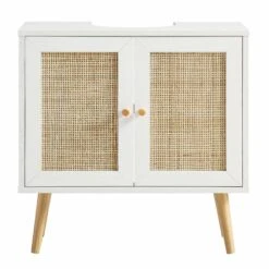 Frances Woven Rattan 2-Door Bathroom Undersink Unit, White -Daals Store FT UDS 01 WHITE WB2
