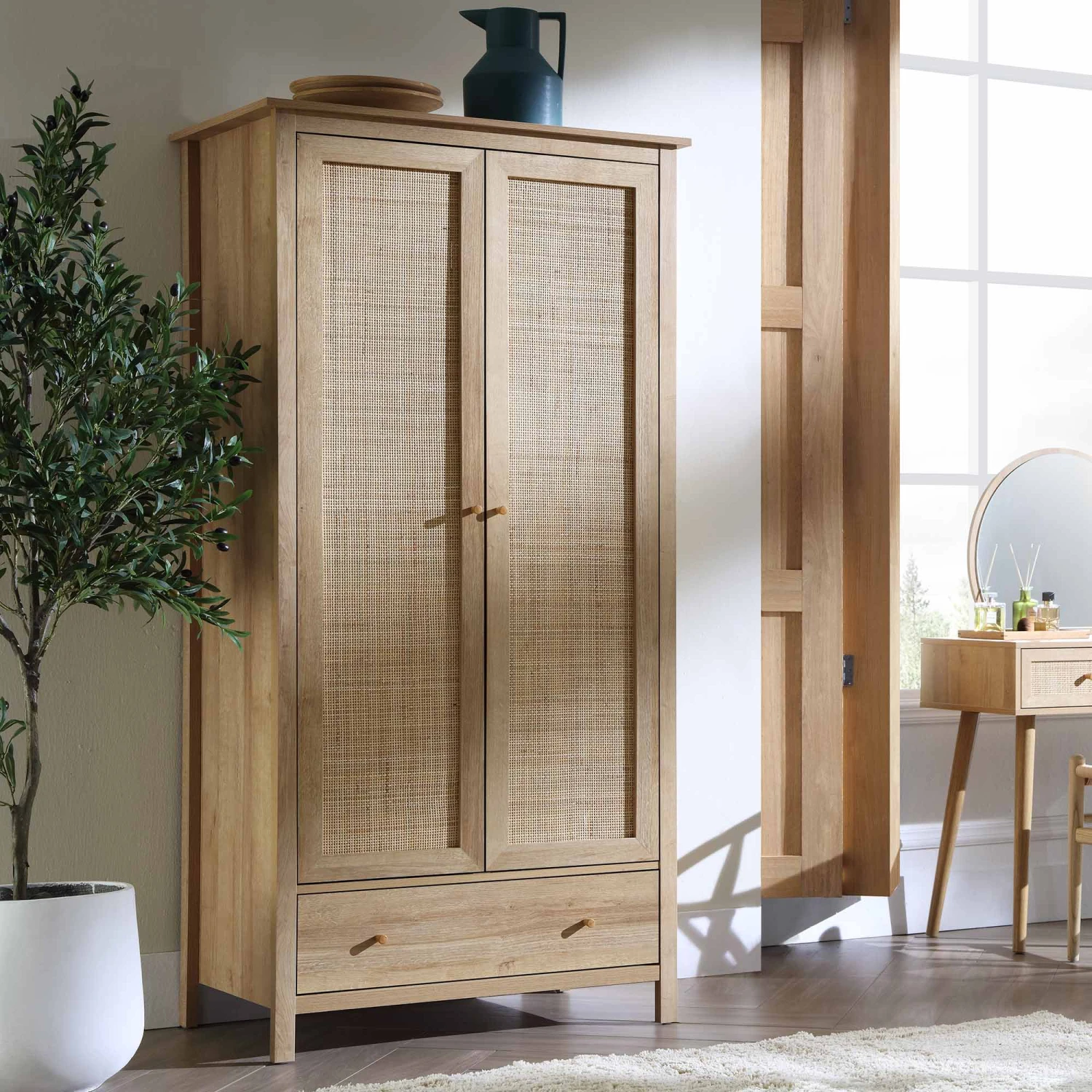 Frances Rattan Double Wardrobe With 1 Drawer, Natural 1 Frances Rattan Double Wardrobe With 1 Drawer, Natural