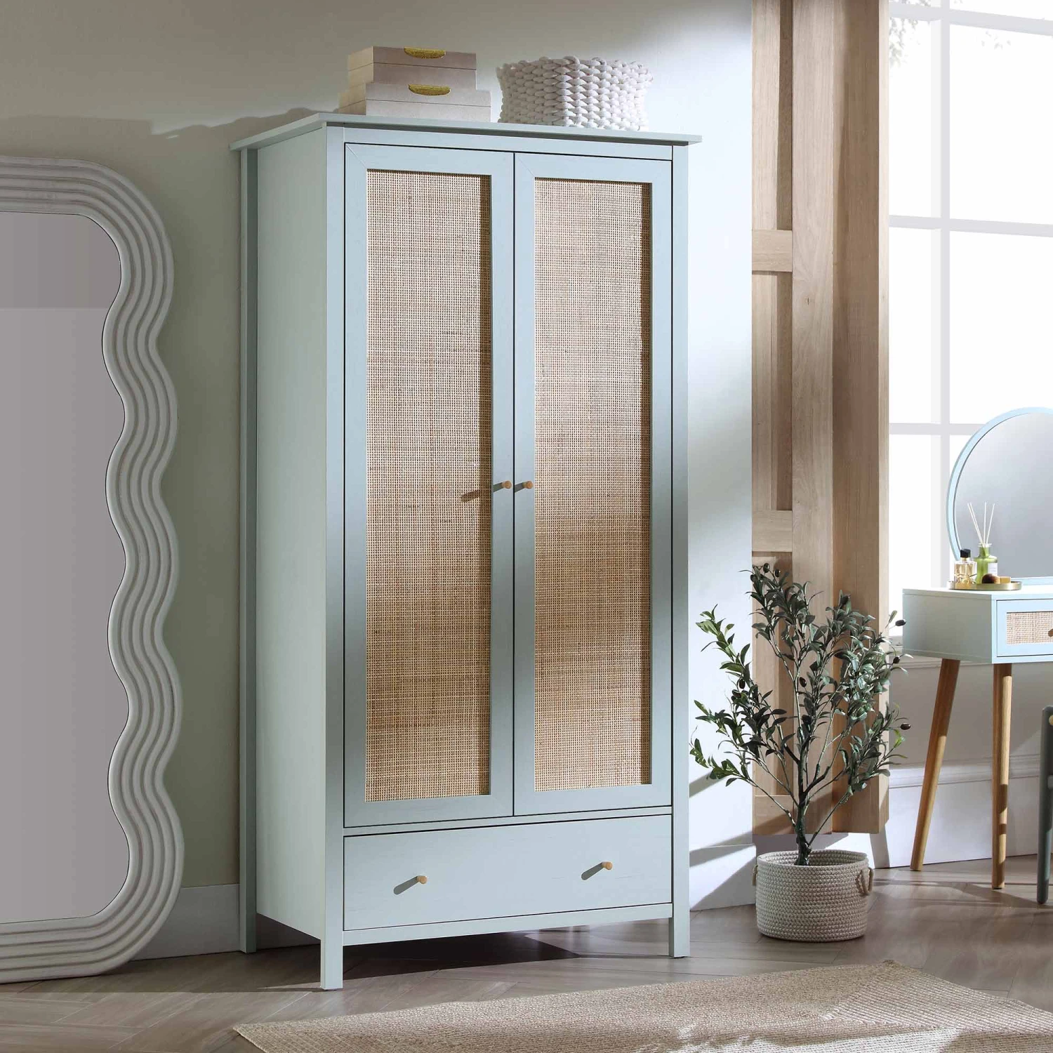 Frances Rattan Double Wardrobe With 1 Drawer, Mint 1 Frances Rattan Double Wardrobe With 1 Drawer, Mint