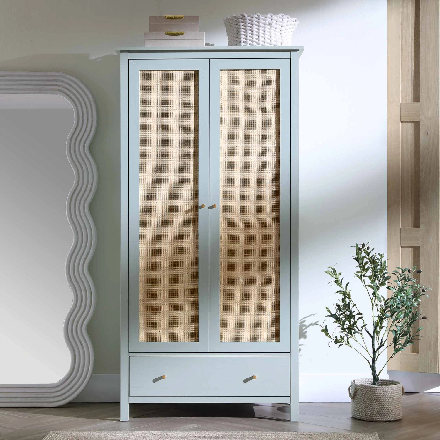 Frances Rattan Double Wardrobe With 1 Drawer, Mint 2 Frances Rattan Double Wardrobe With 1 Drawer, Mint - Image 2