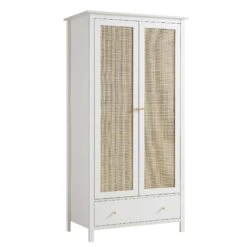 Frances Rattan Double Wardrobe With 1 Drawer, White -Daals Store FT WARD 01 WHITE WB2