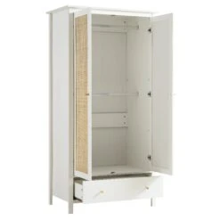 Frances Rattan Double Wardrobe With 1 Drawer, White -Daals Store FT WARD 01 WHITE WB3