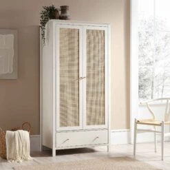 Frances Rattan Double Wardrobe With 1 Drawer, White