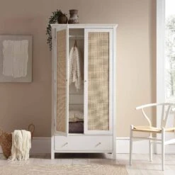 Frances Rattan Double Wardrobe With 1 Drawer, White -Daals Store FT WARD 01 WHITE scene2