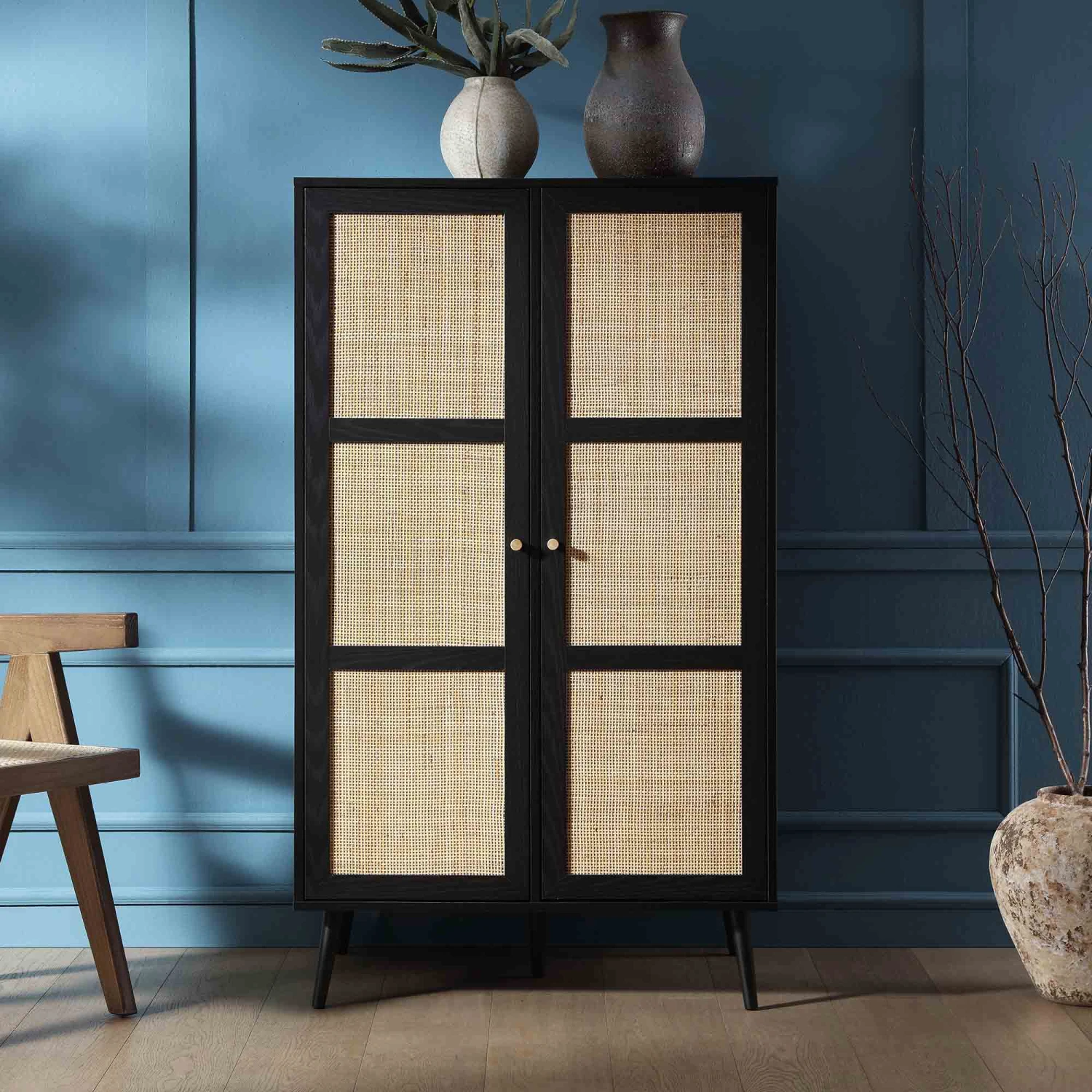 Frances Woven Rattan Compact Double Wardrobe, Black 2 Frances Woven Rattan Compact Double Wardrobe, Black - Image 2