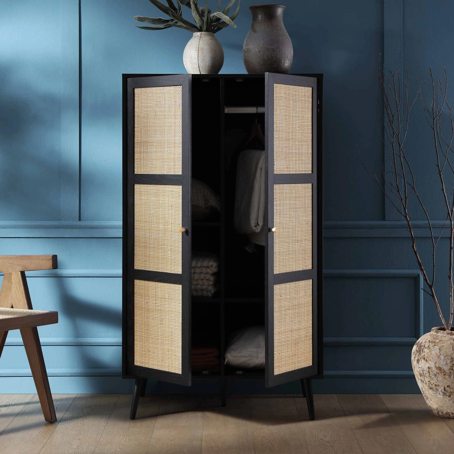 Frances Woven Rattan Compact Double Wardrobe, Black 3 Frances Woven Rattan Compact Double Wardrobe, Black - Image 3