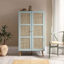 Frances Woven Rattan Compact Double Wardrobe, Mint Green -Daals Store FT WARD 02 SAGE scene1