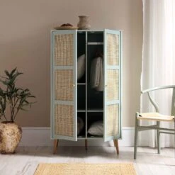 Frances Woven Rattan Compact Double Wardrobe, Mint Green -Daals Store FT WARD 02 SAGE scene2
