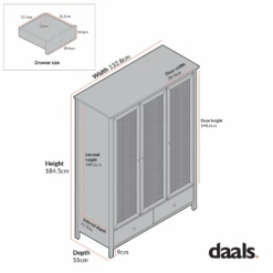 Frances Rattan Triple Wardrobe With 2 Drawers, White 17 Frances Rattan Triple Wardrobe With 2 Drawers, White -Daals Store FT WARD 03 CHART 1