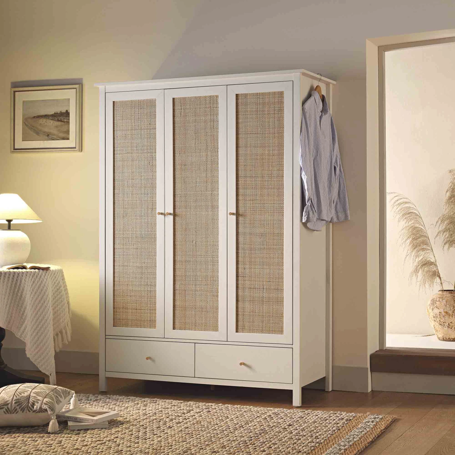 Frances Rattan Triple Wardrobe With 2 Drawers, White 1 Frances Rattan Triple Wardrobe With 2 Drawers, White