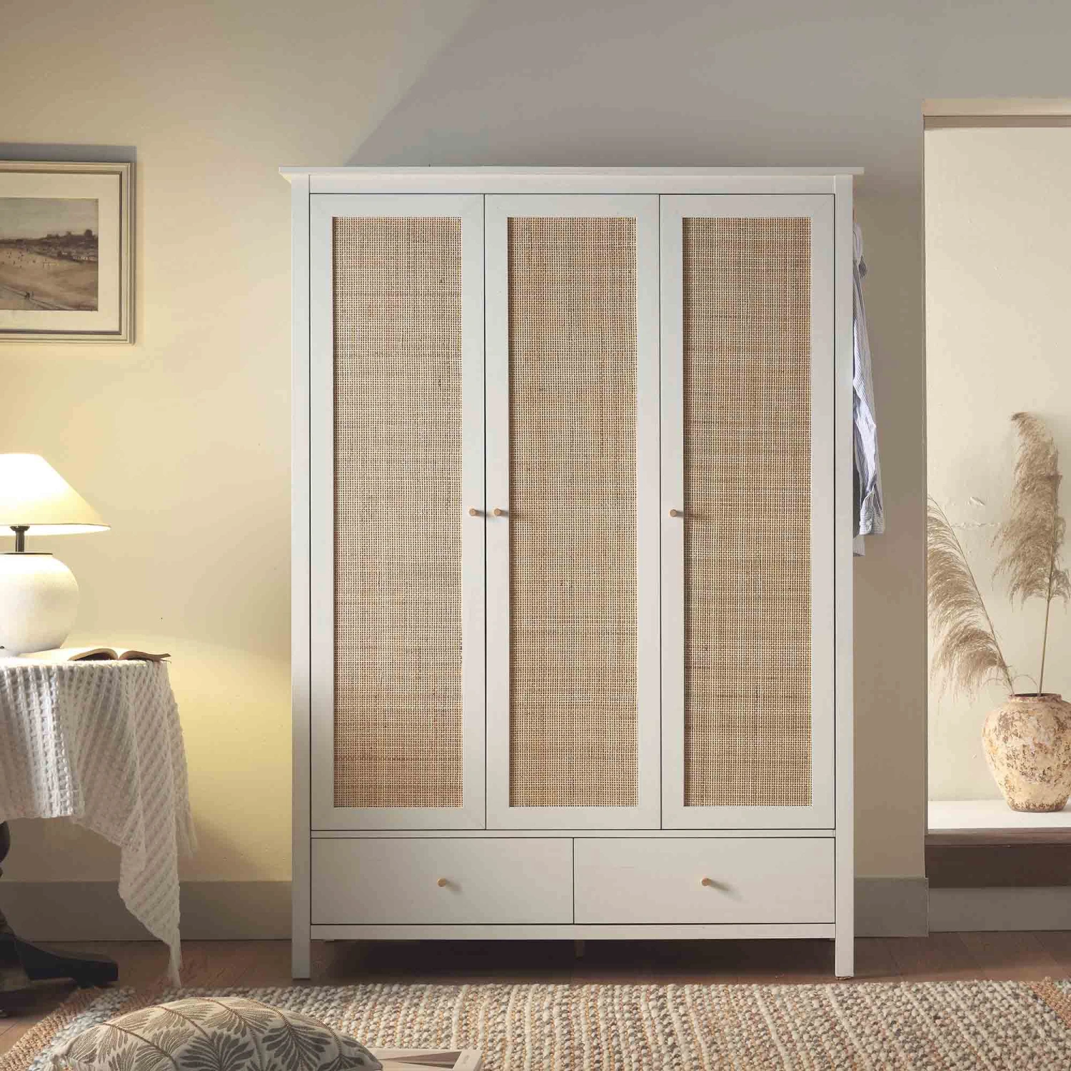 Frances Rattan Triple Wardrobe With 2 Drawers, White 2 Frances Rattan Triple Wardrobe With 2 Drawers, White - Image 2
