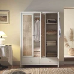 Frances Rattan Triple Wardrobe With 2 Drawers, White 14 Frances Rattan Triple Wardrobe With 2 Drawers, White -Daals Store FT WARD 03 WHITE scene2