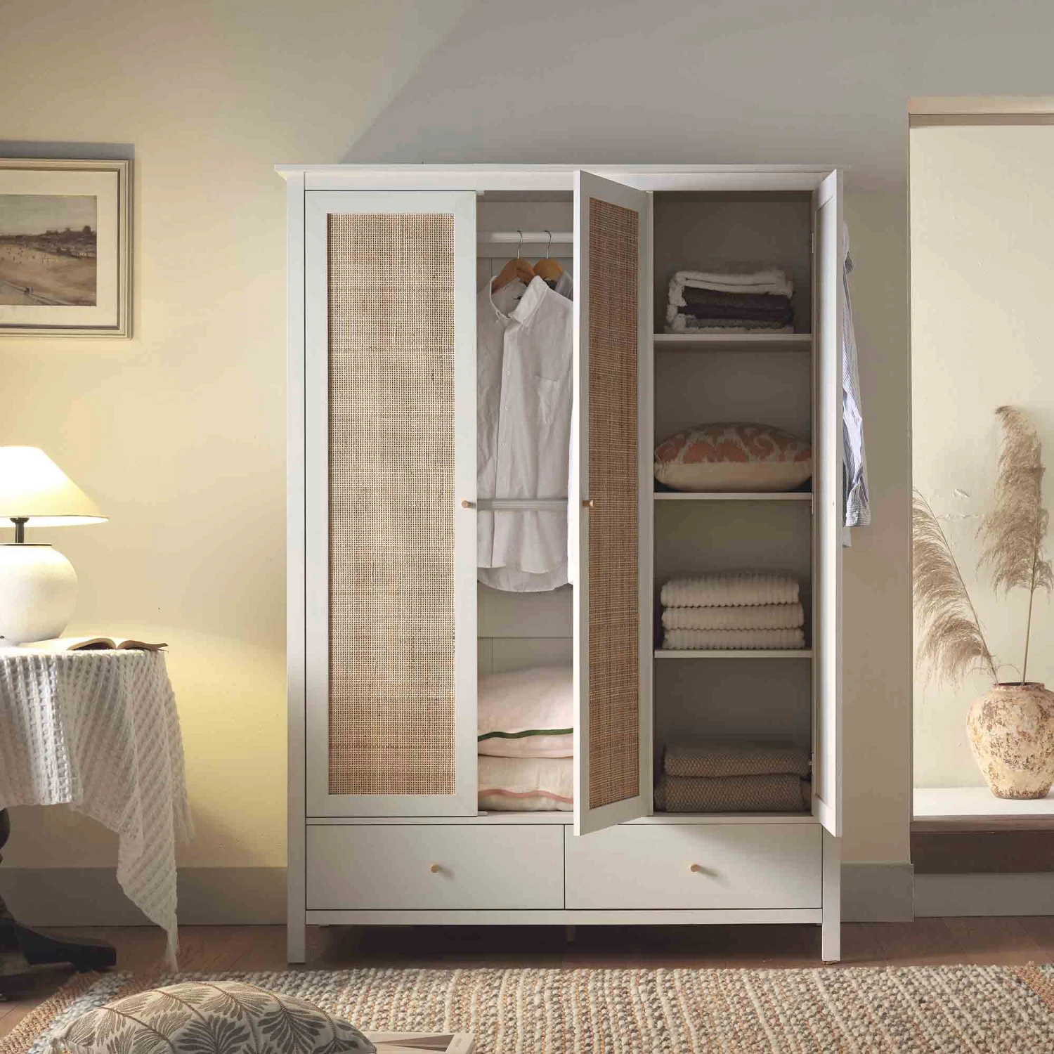 Frances Rattan Triple Wardrobe With 2 Drawers, White 3 Frances Rattan Triple Wardrobe With 2 Drawers, White - Image 3