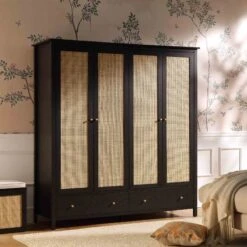 Frances Rattan 4-Door Wardrobe With 2 Drawers, Black