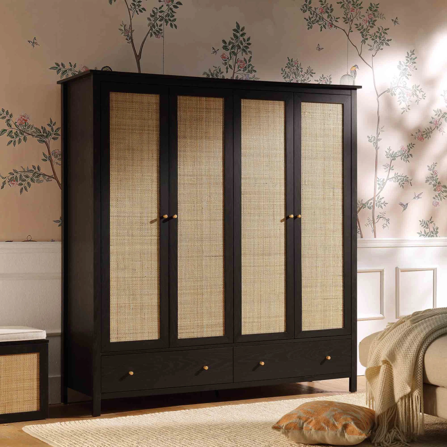 Frances Rattan 4-Door Wardrobe With 2 Drawers, Black 1 Frances Rattan 4-Door Wardrobe With 2 Drawers, Black