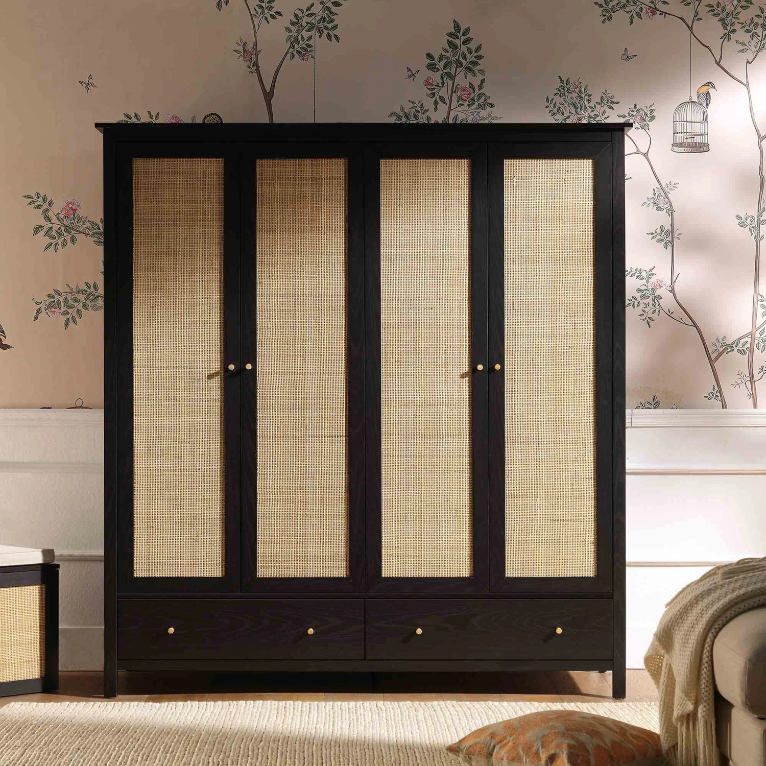 Frances Rattan 4-Door Wardrobe With 2 Drawers, Black 2 Frances Rattan 4-Door Wardrobe With 2 Drawers, Black - Image 2
