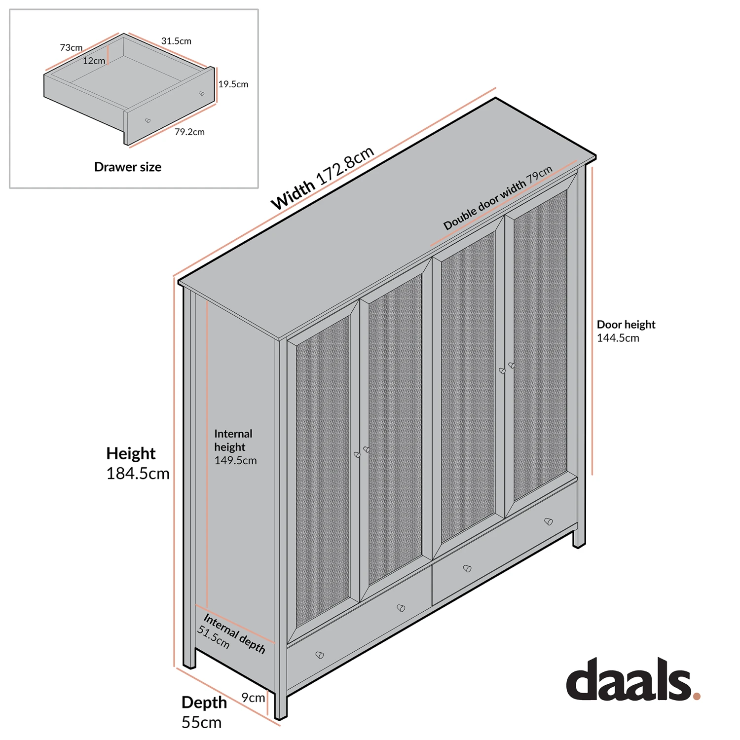 Frances Rattan 4-Door Wardrobe With 2 Drawers, Black 6 Frances Rattan 4-Door Wardrobe With 2 Drawers, Black - Image 6