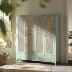 Frances Rattan 4-Door Wardrobe With 2 Drawers, Mint