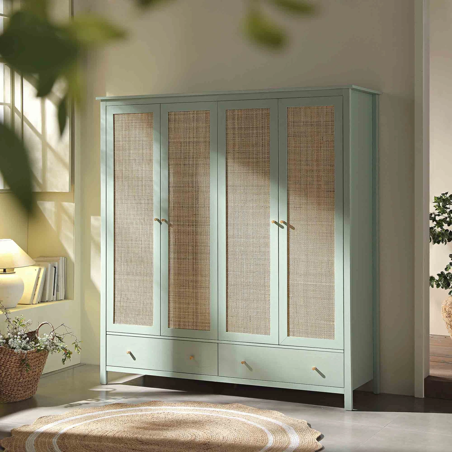 Frances Rattan 4-Door Wardrobe With 2 Drawers, Mint 1 Frances Rattan 4-Door Wardrobe With 2 Drawers, Mint