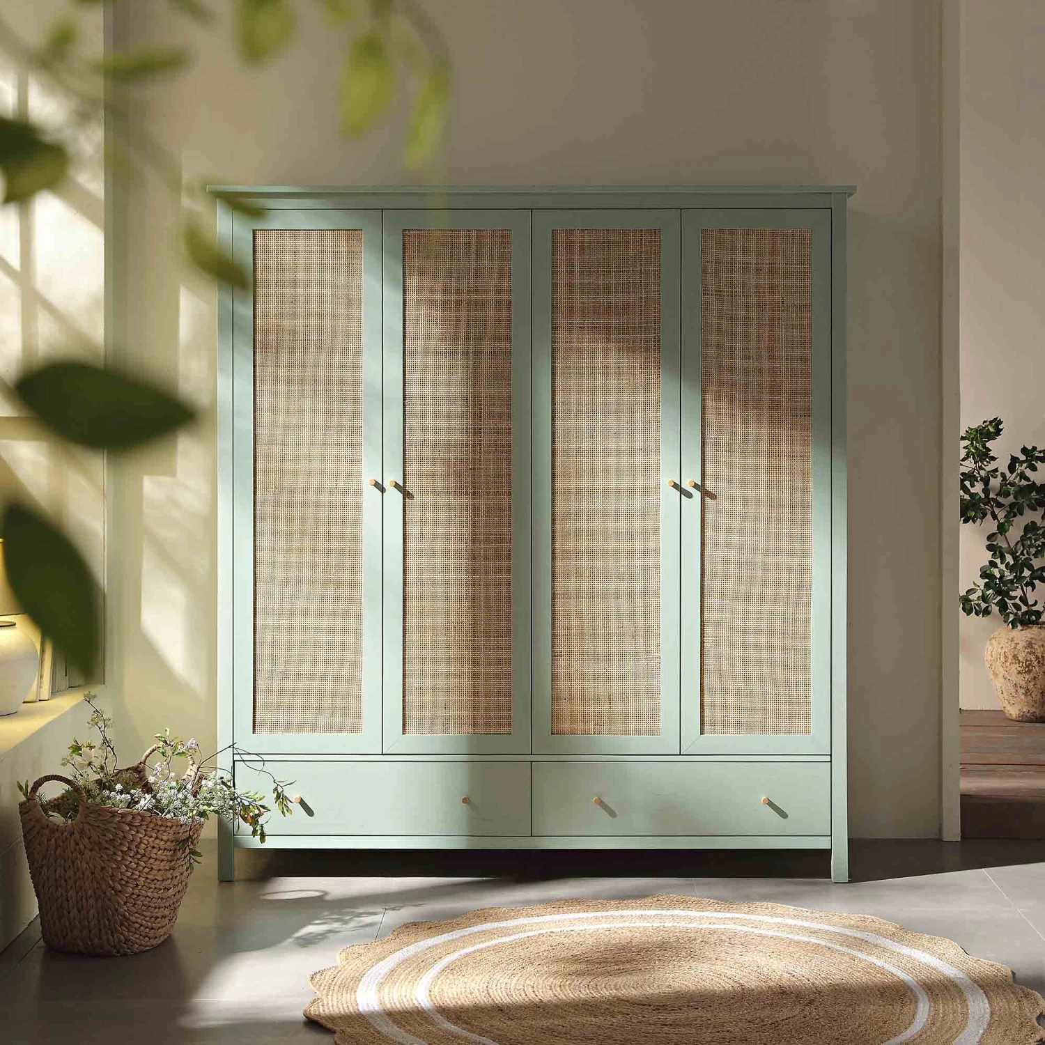 Frances Rattan 4-Door Wardrobe With 2 Drawers, Mint 2 Frances Rattan 4-Door Wardrobe With 2 Drawers, Mint - Image 2