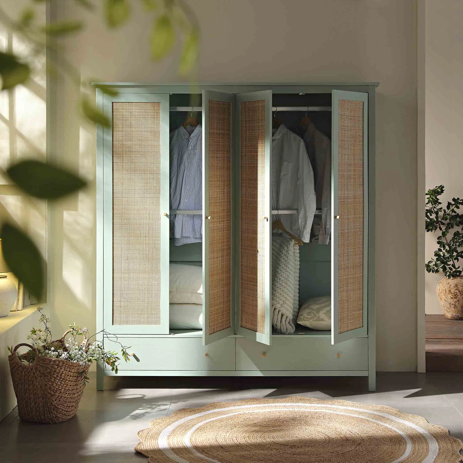 Frances Rattan 4-Door Wardrobe With 2 Drawers, Mint 3 Frances Rattan 4-Door Wardrobe With 2 Drawers, Mint - Image 3