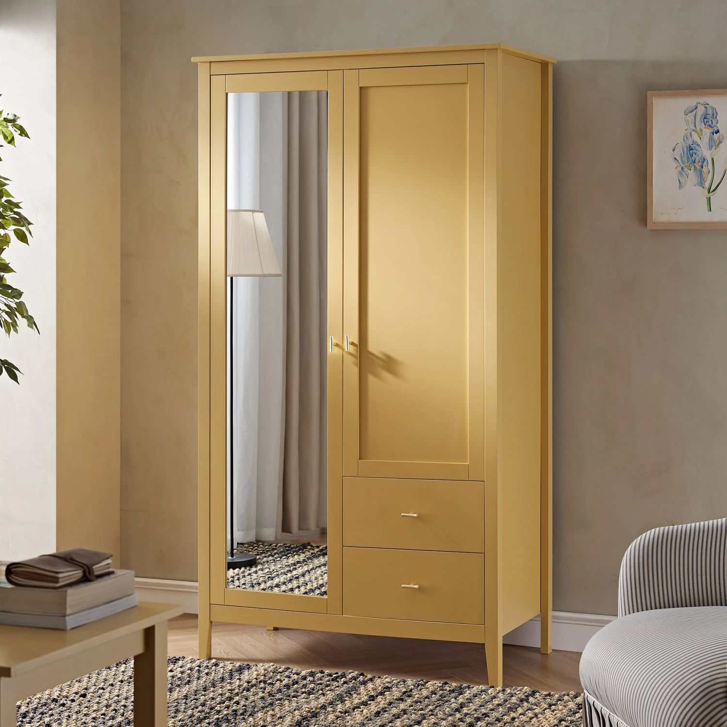 Oakham Mirrored Double Wardrobe, Rattan Yellow 1 Oakham Mirrored Double Wardrobe, Rattan Yellow