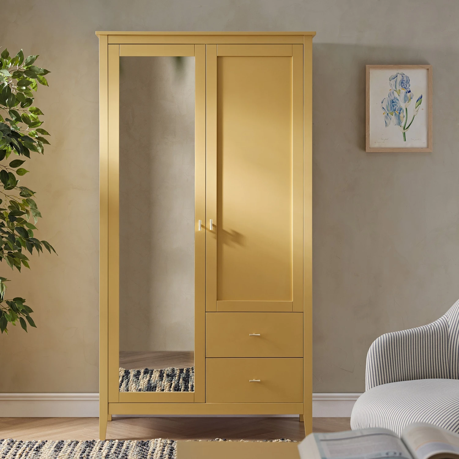 Oakham Mirrored Double Wardrobe, Rattan Yellow 2 Oakham Mirrored Double Wardrobe, Rattan Yellow - Image 2