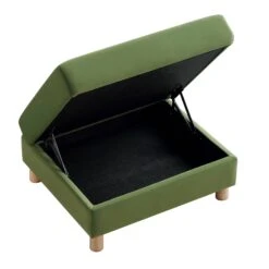 Timber Fern Green Velvet Storage Ottoman – Large Rectangular Footstool with Wooden Base -Daals Store GCSF 2348 MOSS VEL STOOL WB3