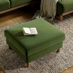 Timber Fern Green Velvet Storage Ottoman – Large Rectangular Footstool with Wooden Base -Daals Store GCSF 2348 MOSS VEL STOOL scene2