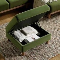 Timber Fern Green Velvet Storage Ottoman – Large Rectangular Footstool with Wooden Base -Daals Store GCSF 2348 MOSS VEL STOOL scene3
