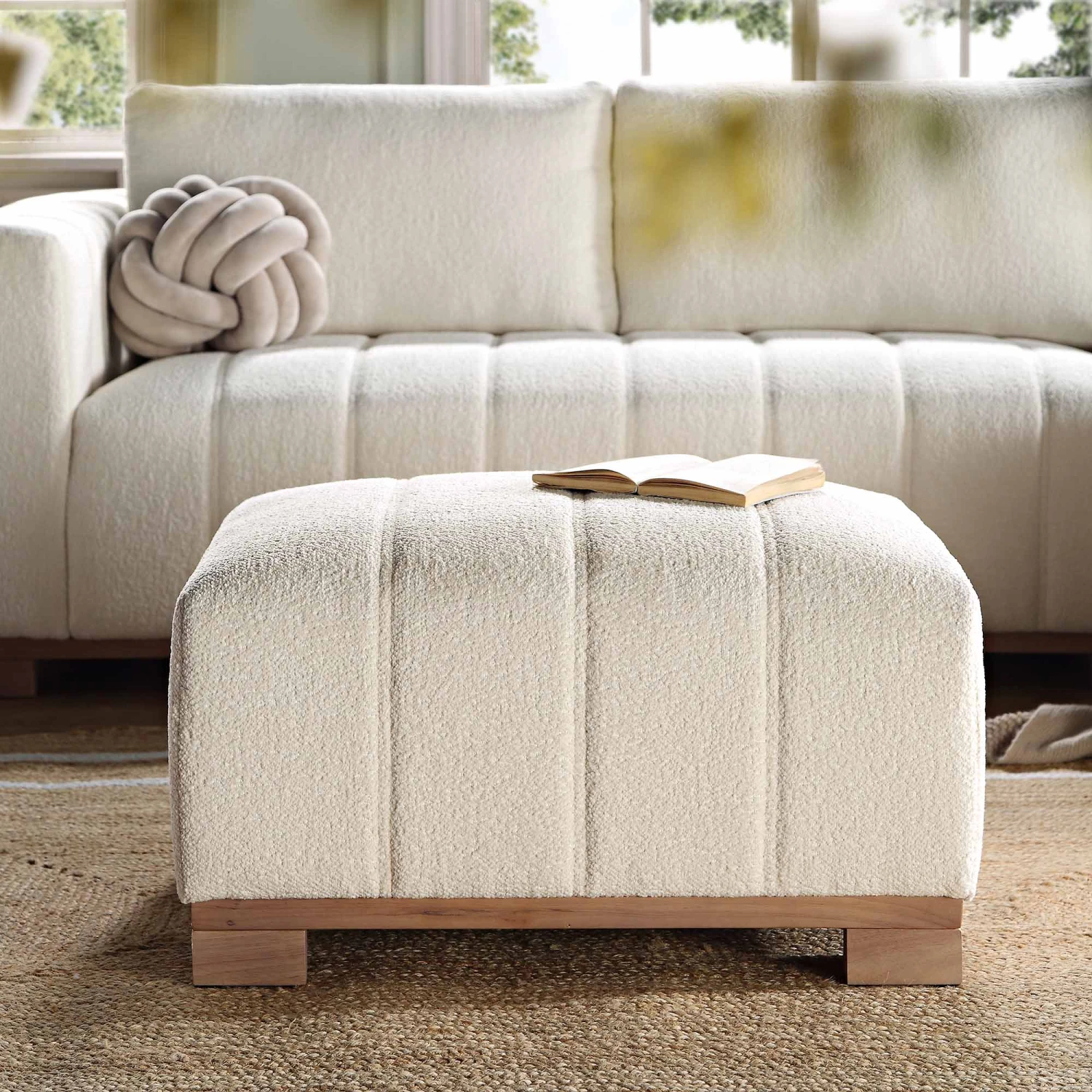 Belsize Beige Boucle Footstool With Wooden Base 2 Belsize Beige Boucle Footstool With Wooden Base - Image 2