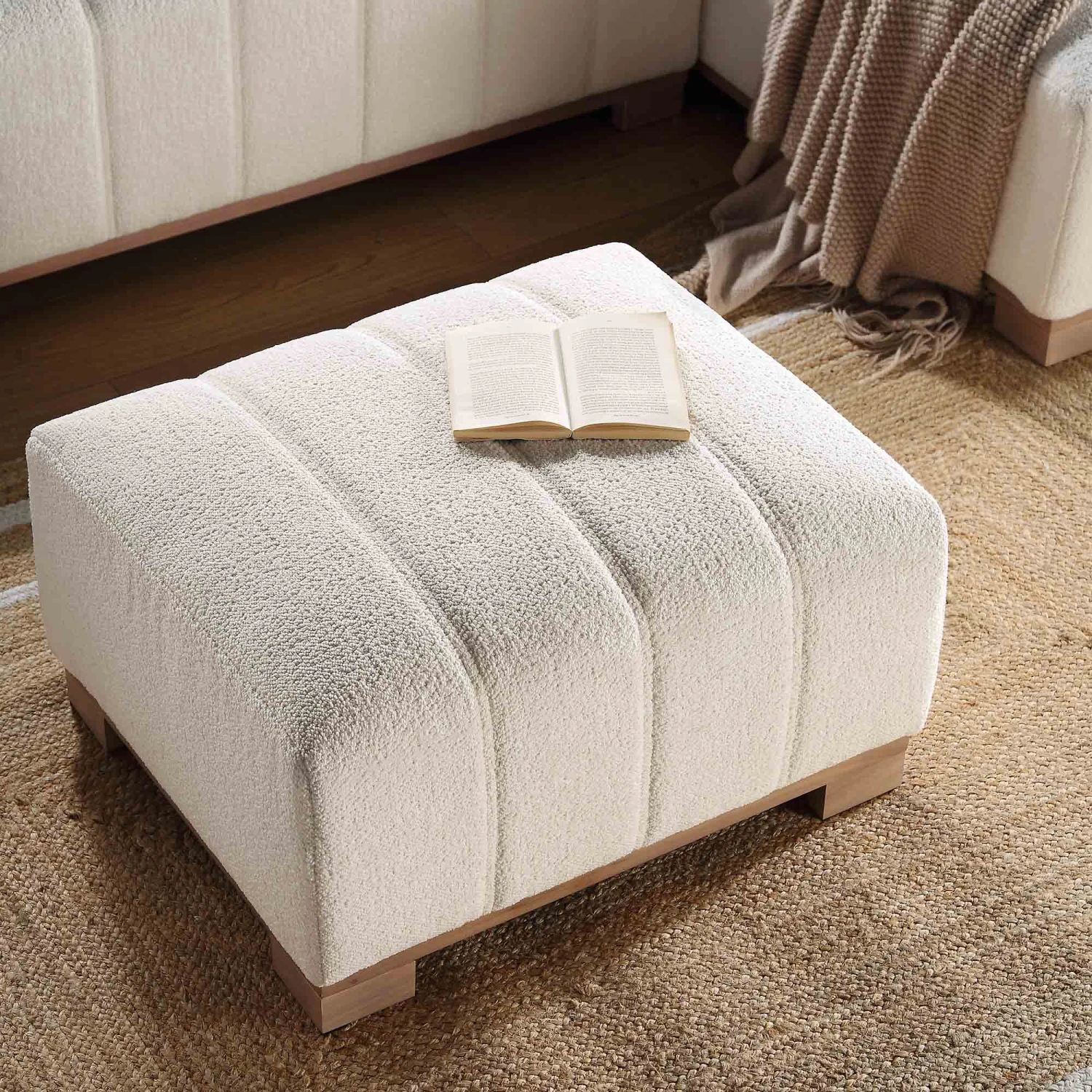 Belsize Beige Boucle Footstool With Wooden Base 3 Belsize Beige Boucle Footstool With Wooden Base - Image 3